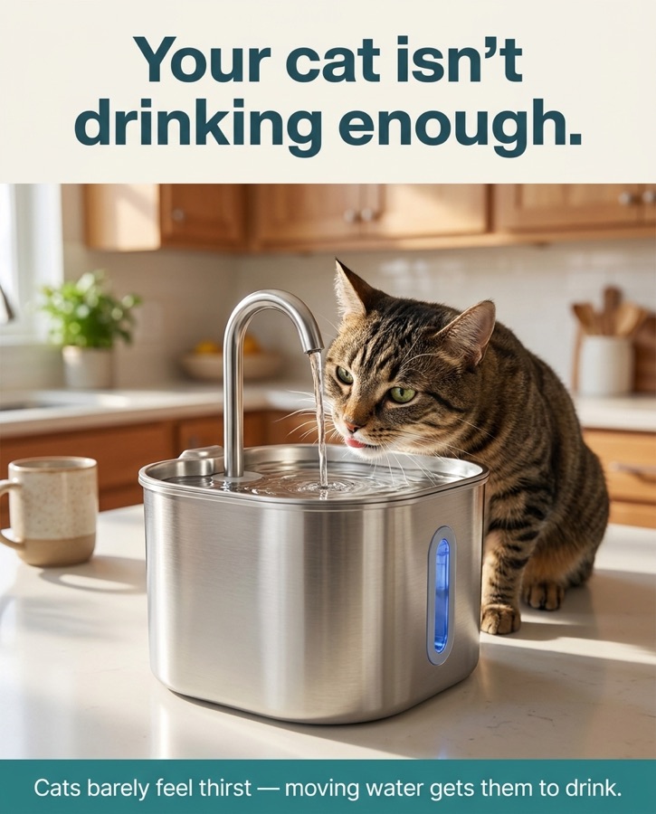 A still, untouched water bowl next to a cat that isn't drinking enough