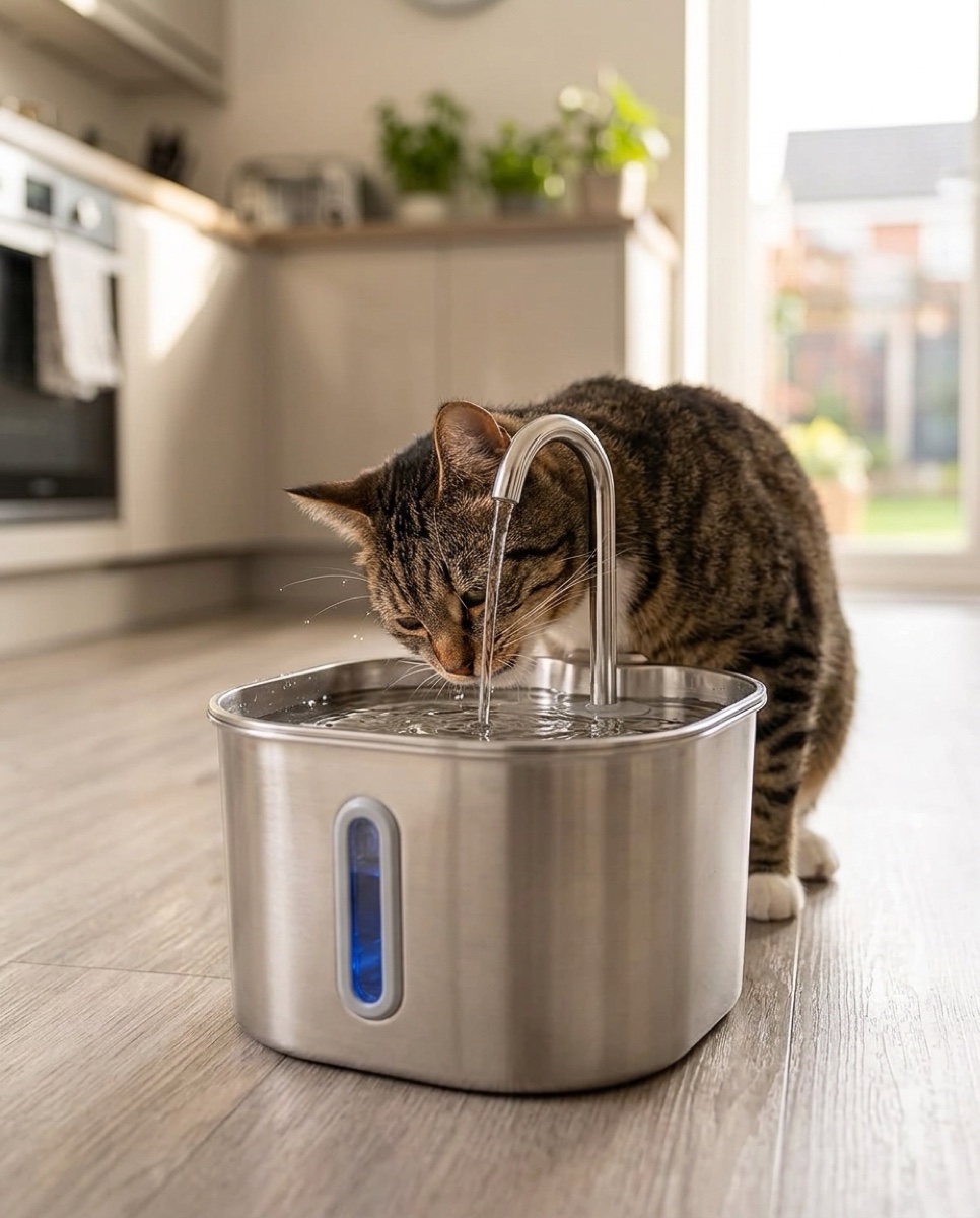 A cat drinking from the FidoLab stainless steel pet water fountain